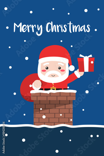 Santa Claus enters the chimney on the roof of the house to present gift box for the children, Christmas illustration postcard. Flat cute character cartoon design vector.