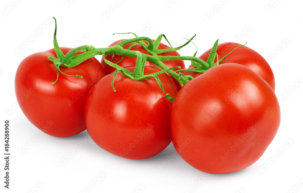three fresh tomatoes with green leaves isolated on white background three fresh tomatoes with green leaves isolated on white background