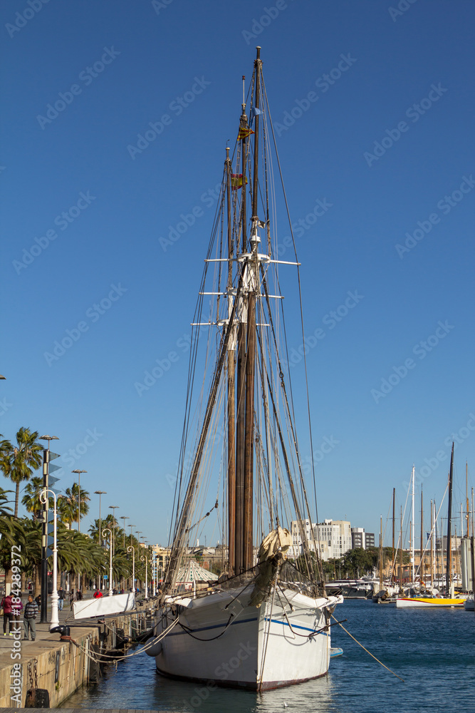 Old sailing ship in port of Barcelona