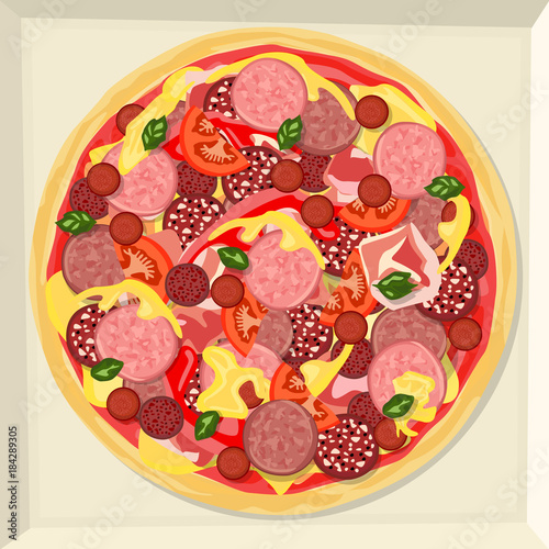 Pizza with ham, various varieties of sausage, cheese, ketchup, vegetables and herbs.