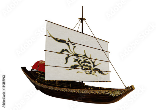 3D Rendering Small Chinese Boat on White