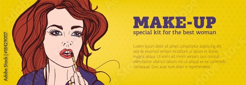 Bright colored horizontal banner with woman applying makeup on her face hand drawn in pop art style and place for text. Vector illustration for cosmetics advertisement or make-up artist service promo.