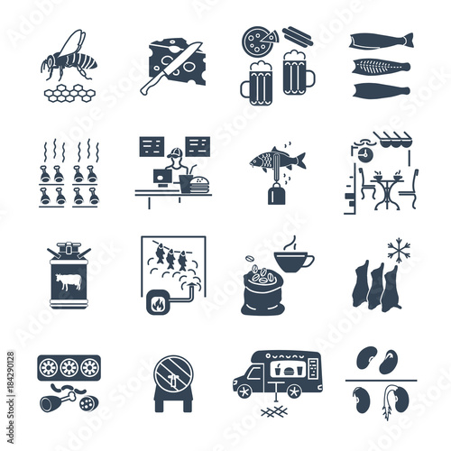 set of black icons food and beverages, meal, drinks
