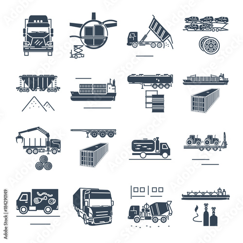 set of black icons freight transport process, goods and cargo