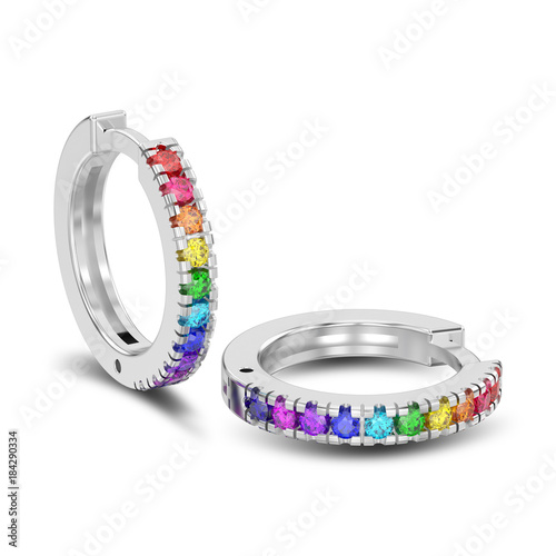 3D illustration isolated two white gold or silver decorative earrings hinged lock with colorful diamonds with shadow