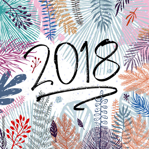 2018 year, inscription and trendy winter leaves background. Vector illustrati...
