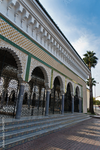 Architectural detail of Altajmootai Mosque surrounded by palm trees, Tajmoti in Fez, Morroco, Africa
