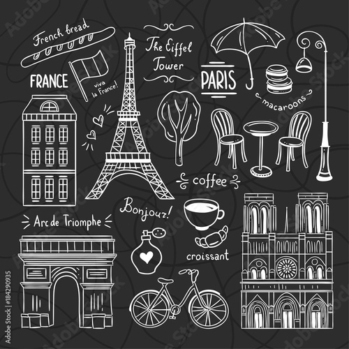 France symbols set. Cute Parisian doodle illustrations. City tourism travel concept about France