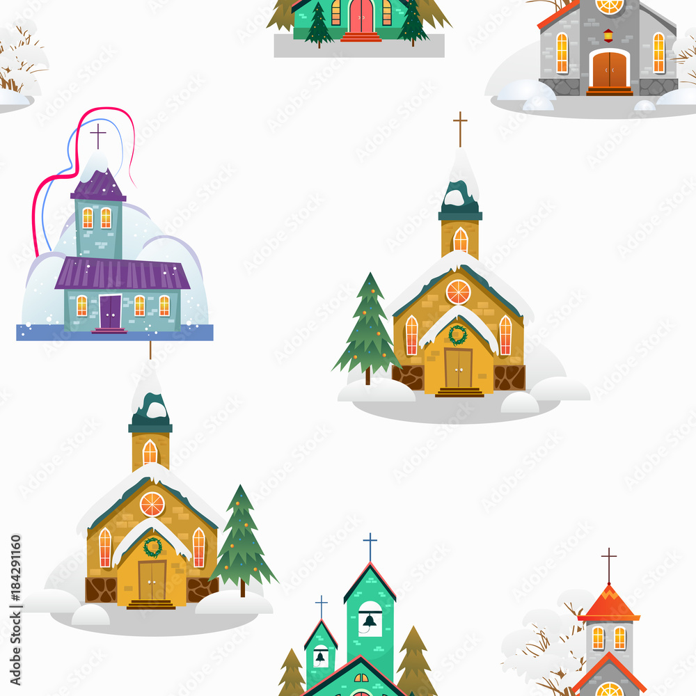 Fototapeta premium merry christmas and happy new year seamless pattern, church and green tree under snow, christianity and Catholic winter city cathedral vector illustration, religious holy background
