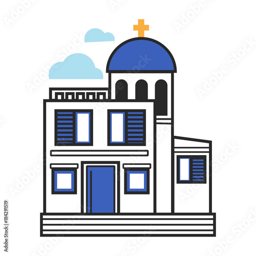 Greek church in white and blue colors with gold cross