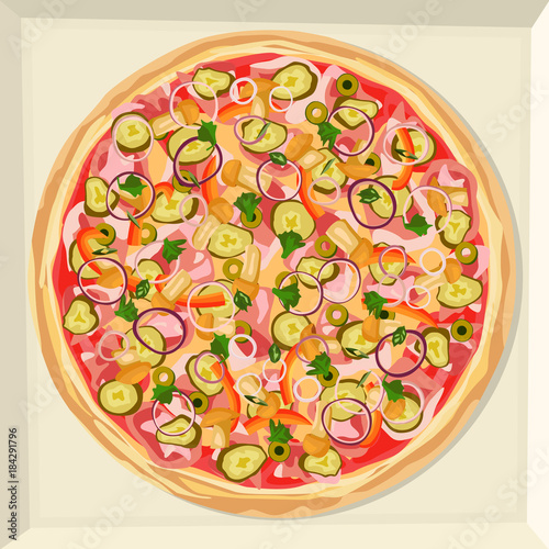 Pizza with cheese, ham, forest mushrooms and onions.