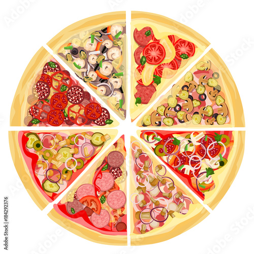 A set of slices of a variety of pizza. Isolated on a white background. Sausage, meat, seafood, fresh and pickled vegetables, mushrooms, cheese, tomato paste and greens.