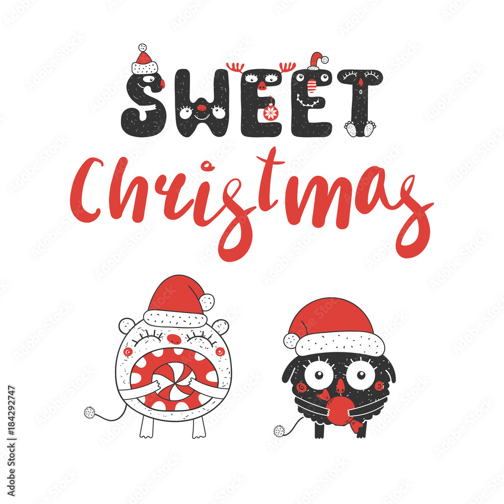 Fototapeta premium Hand drawn Christmas greeting card with cute funny little monsters in Santa Claus hats, with candy. Isolated objects on white background. Design concept kids, winter holidays. Vector illustration.