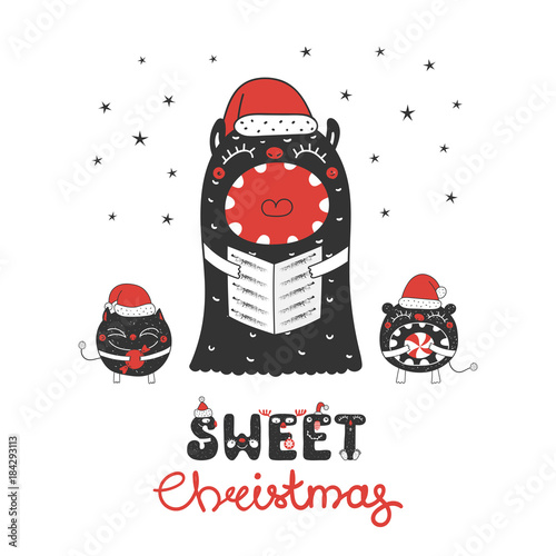 Hand drawn Christmas greeting card with cute funny monsters, singing carols, holding candy. Isolated objects on white background. Design concept for children, winter holidays. Vector illustration.