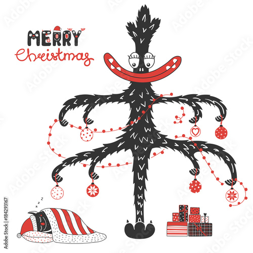 Hand drawn greeting card with a cute funny monster, sleeping under the Christmas tree, with presents. Isolated objects on white background. Design concept kids, winter holidays. Vector illustration.