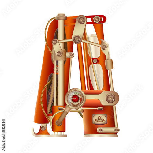 The letter A of the Latin alphabet, made in the form of a mechanism with moving and stationary parts on a steam, hydraulic or pneumatic draft. Isolated freely editable object on white background.