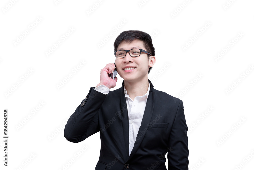 Asia businessman has holding a phone for talking with smile and happy isolated on white background. Asia businessman has holding a phone for talking with smile and happy isolated on white background.