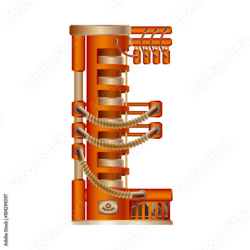 The letter E of the Latin alphabet, made in the form of a mechanism with moving and stationary parts on a steam, hydraulic or pneumatic draft. Isolated freely editable object on white background.