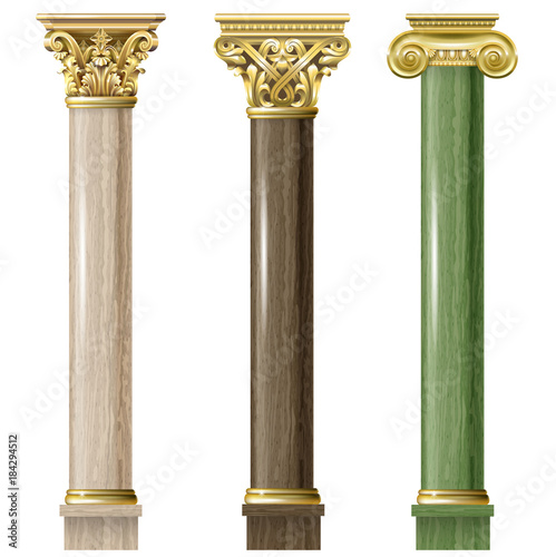 Set of classic gold and marble columns in different styles. Vector graphics