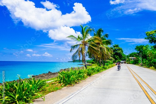 Palm trees in one side of a road in San Andres, Colombia in a beautiful beach background