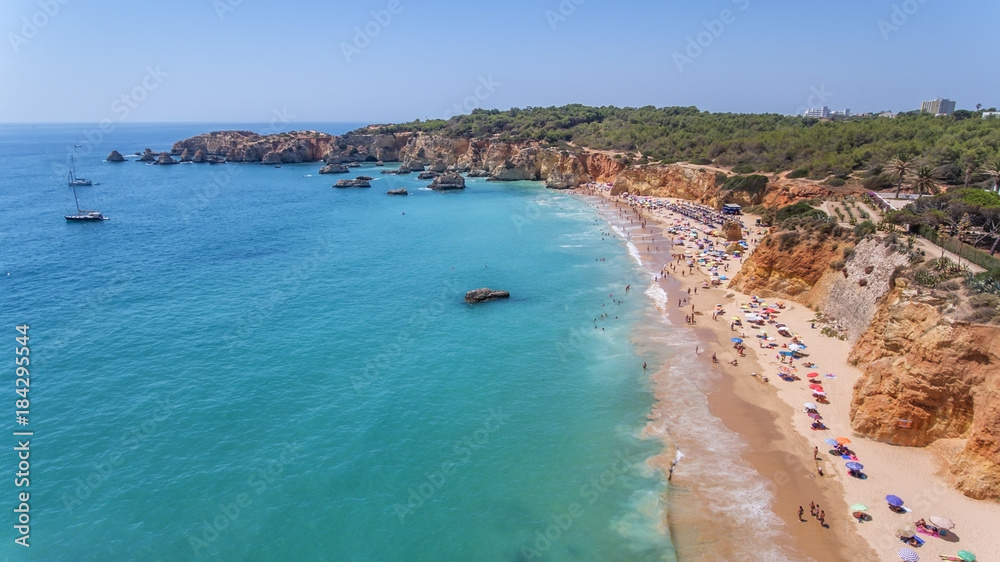 Aerial. Tourist beaches of the Portuguese city of Portimao. Shooted by drones