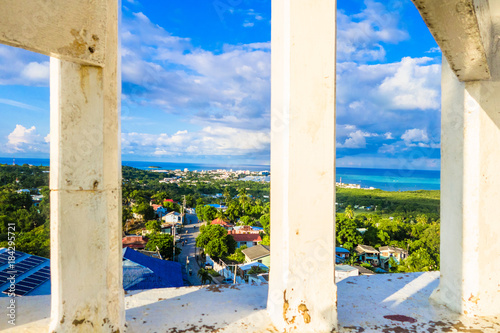 Beautiful view of the town through some pillars in San Andres Island Colombia and Caribbean Sea South America
