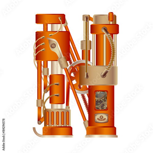 The letter N of the Latin alphabet, made in the form of a mechanism with moving and stationary parts on a steam, hydraulic or pneumatic draft. Isolated freely editable object on white background.