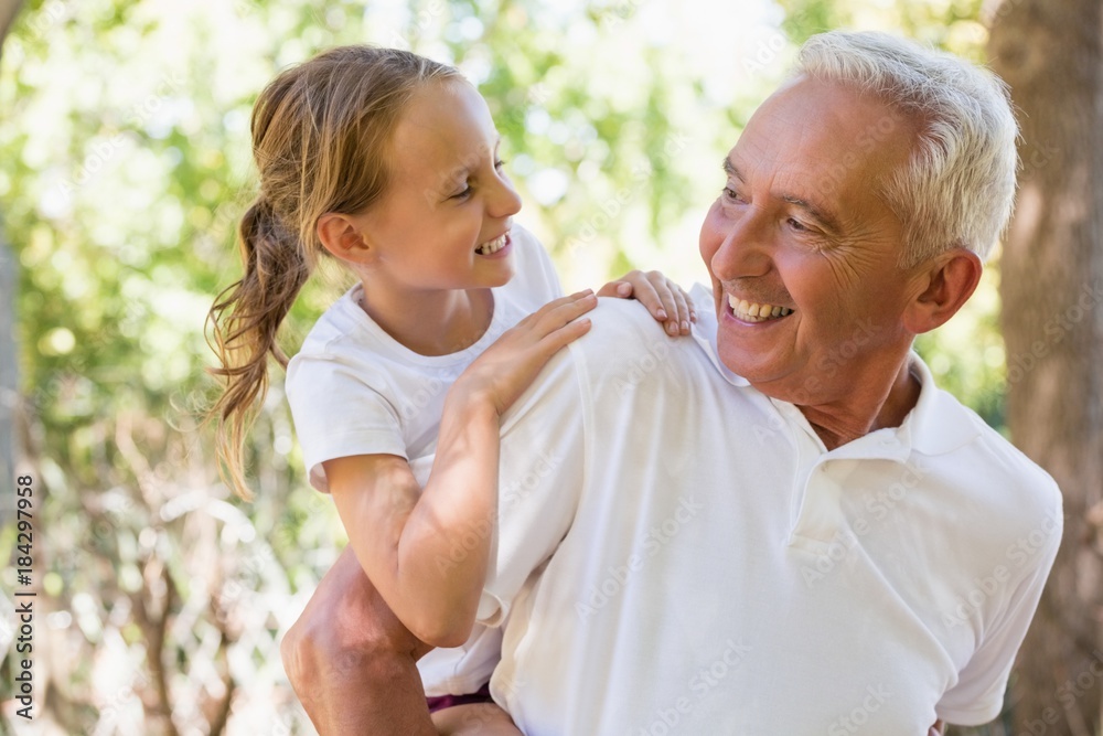 Fototapeta premium Grandfather carrying granddaughter piggyback in the forest