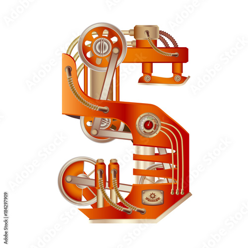 The letter S of the Latin alphabet, made in the form of a mechanism with moving and stationary parts on a steam, hydraulic or pneumatic draft. Isolated freely editable object on white background.