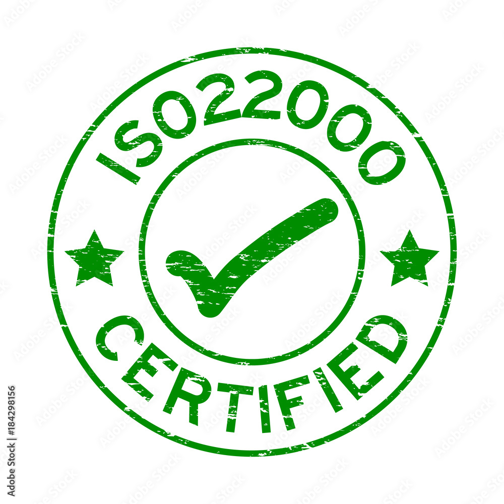 Grunge green ISO 22000 certified with mark icon round rubber seal stamp on white background Grunge green ISO 22000 certified with mark icon round rubber seal stamp on white background