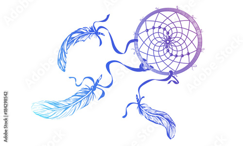 Hand drawn ornate Dreamcatcher with feathers, gemstones. Card with art, astrology, spirituality, magic symbol. Ethnic tribal element