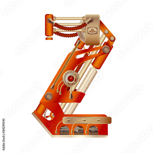 The letter Z of the Latin alphabet, made in the form of a mechanism with moving and stationary parts on a steam, hydraulic or pneumatic draft. Isolated freely editable object on white background.