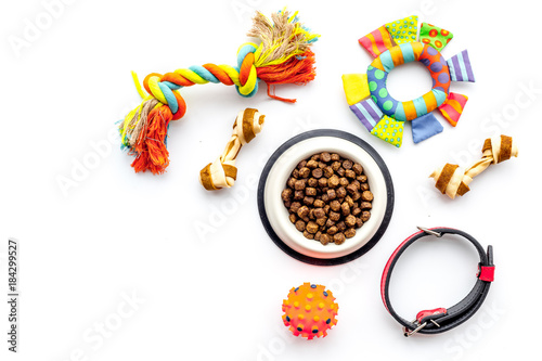 Concept pet care, playing and training. Toys, accessories and feed on white background top view copyspace photo