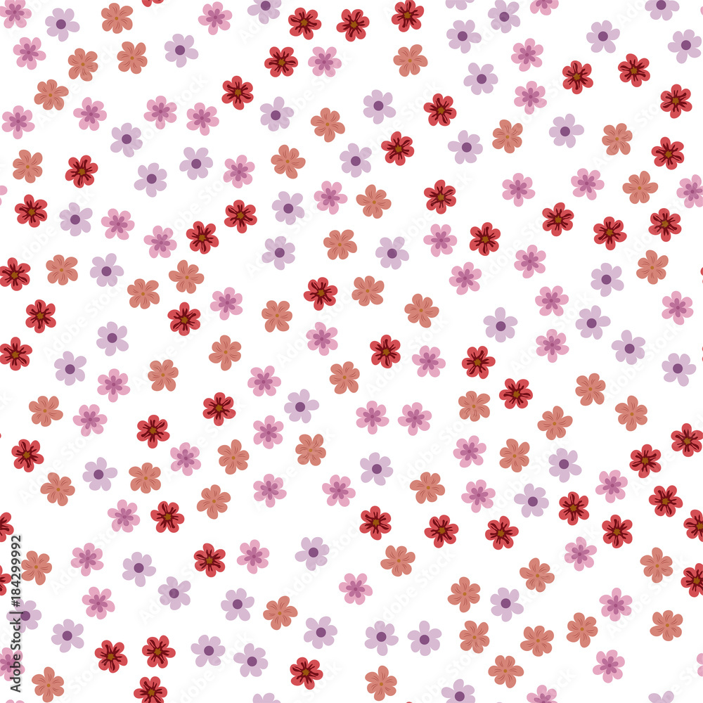 seamless pattern of colored flowers on a white background.