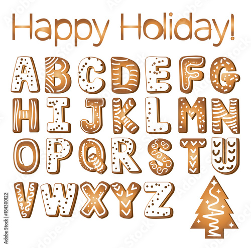 Gingerbread cookies alphabet holidays ginger cookie isolated font text food biscuit xmas letter vector illustration