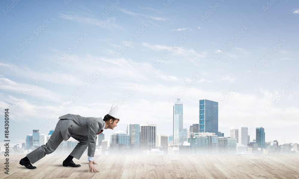 King businessman in elegant suit running and modern cityscape at background King businessman in elegant suit running and modern cityscape at background