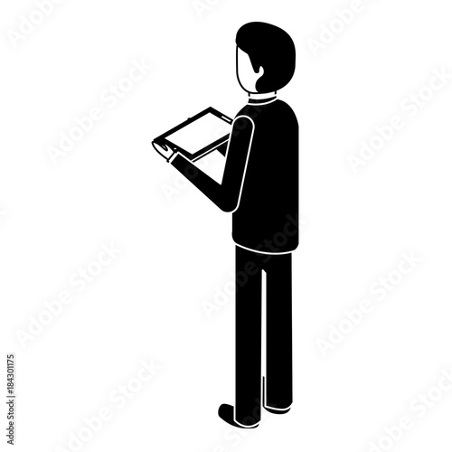 business man with tablet in the hand back view isometric vector illustration black image