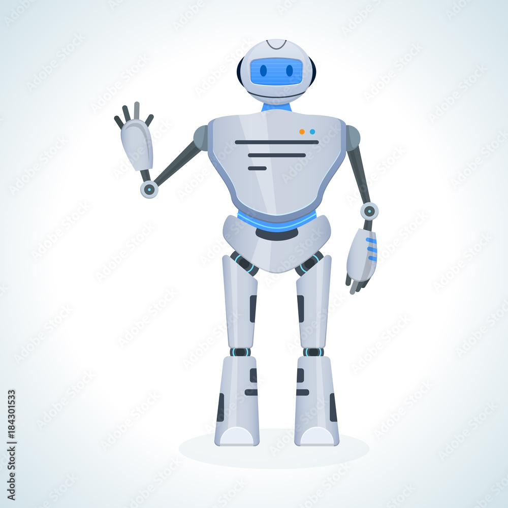 Electronic robot, chat bot, humanoid, welcomes raising his hand up. Stock  Vector | Adobe Stock