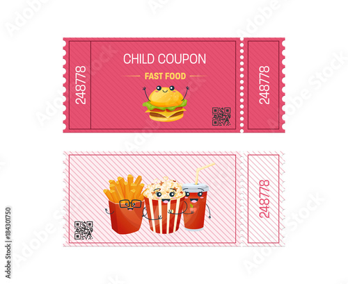 Child coupon fast food. Gift Voucher ticket card.