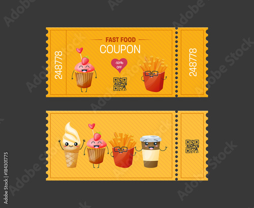 Coupon fast food. Gift Voucher ticket card. Coupon food, drink.