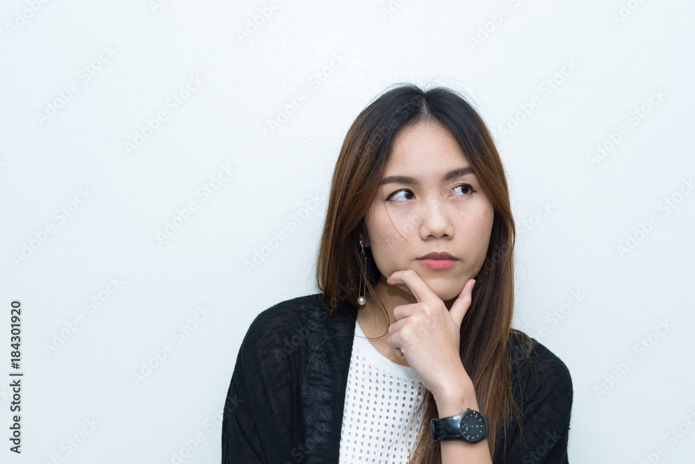 Business woman think for ideas isolate on white background,Thailand people,Secretary girl thinking concept Business woman think for ideas isolate on white background,Thailand people,Secretary girl thinking concept