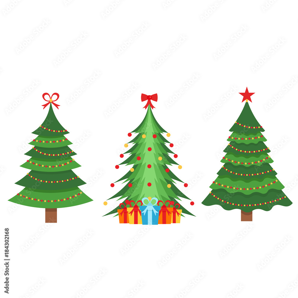 A beautiful set of Christmas green fir trees decorated with colorful garlands. Vector illustration on a white background. A beautiful set of Christmas green fir trees decorated with colorful garlands. Vector illustration on a white background.
