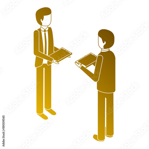 businessmen standing holding device technology isometric vector illustration