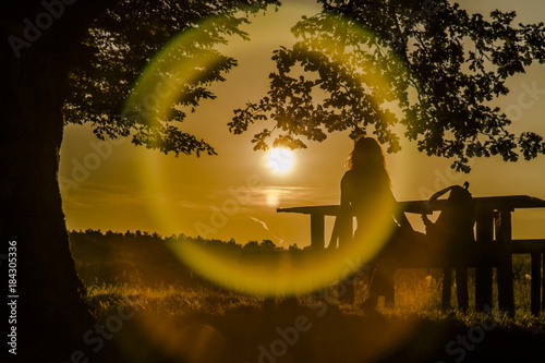 silhouette of young woman sitting on bench undet tree photo