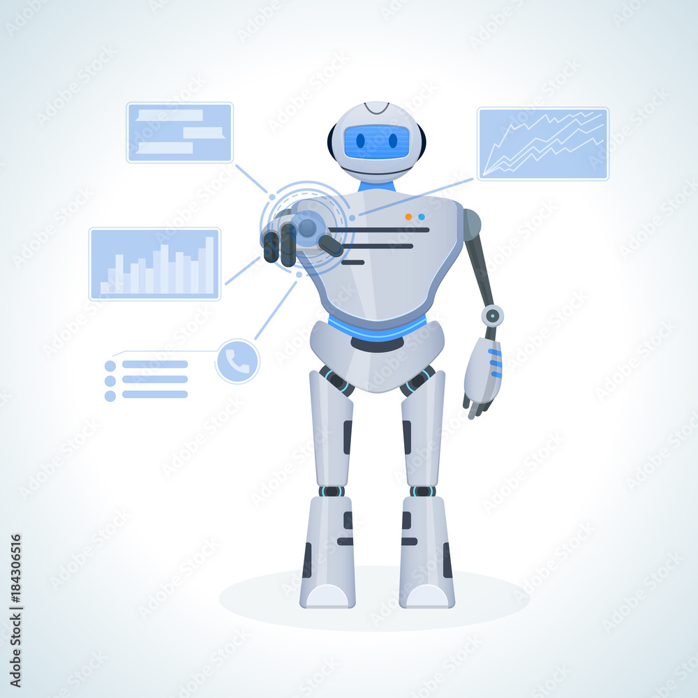 Electronic robot, chat bot, humanoid. Search for information, research, training.