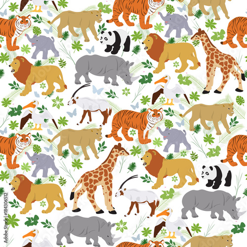 Seamless vector pattern with various animals on a white background