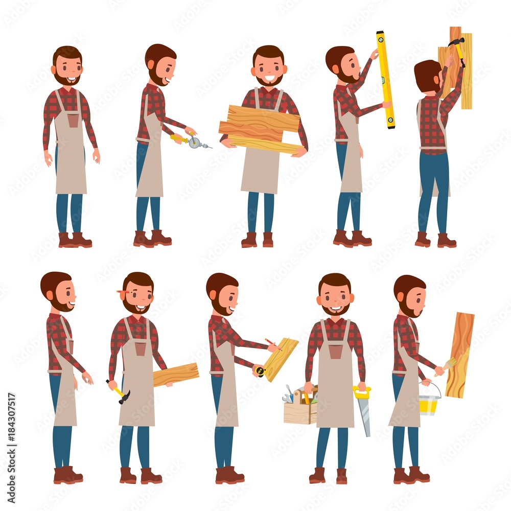 Professional Carpenter Vector. Foreman. Male In Different Poses