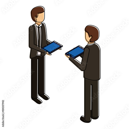 businessmen standing holding device technology isometric vector illustration