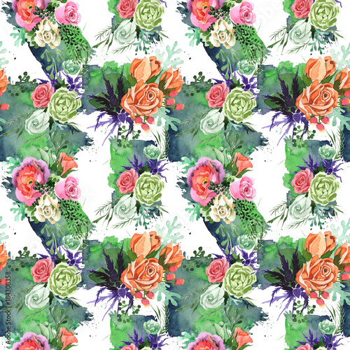 Fototapeta Naklejka Na Ścianę i Meble -  Bouquet flower pattern in a watercolor style. Full name of the plant: rosa, hulthemia. Aquarelle wild flower for background, texture, wrapper pattern, frame or border.