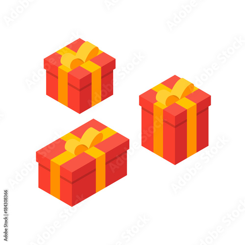 Isometric Gift Box. Red gift boxes in different sizes, flat illustration.